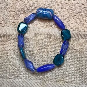 Blue & Teal Glass Bead Stretch Bracelet - Handmade by Eveyln